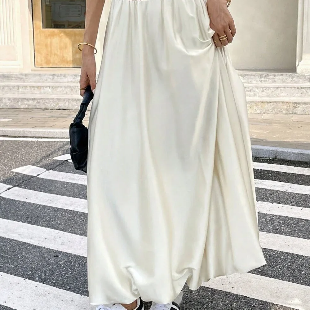 Beige Casual Women's Satin Pleated Bubble Long Skirt